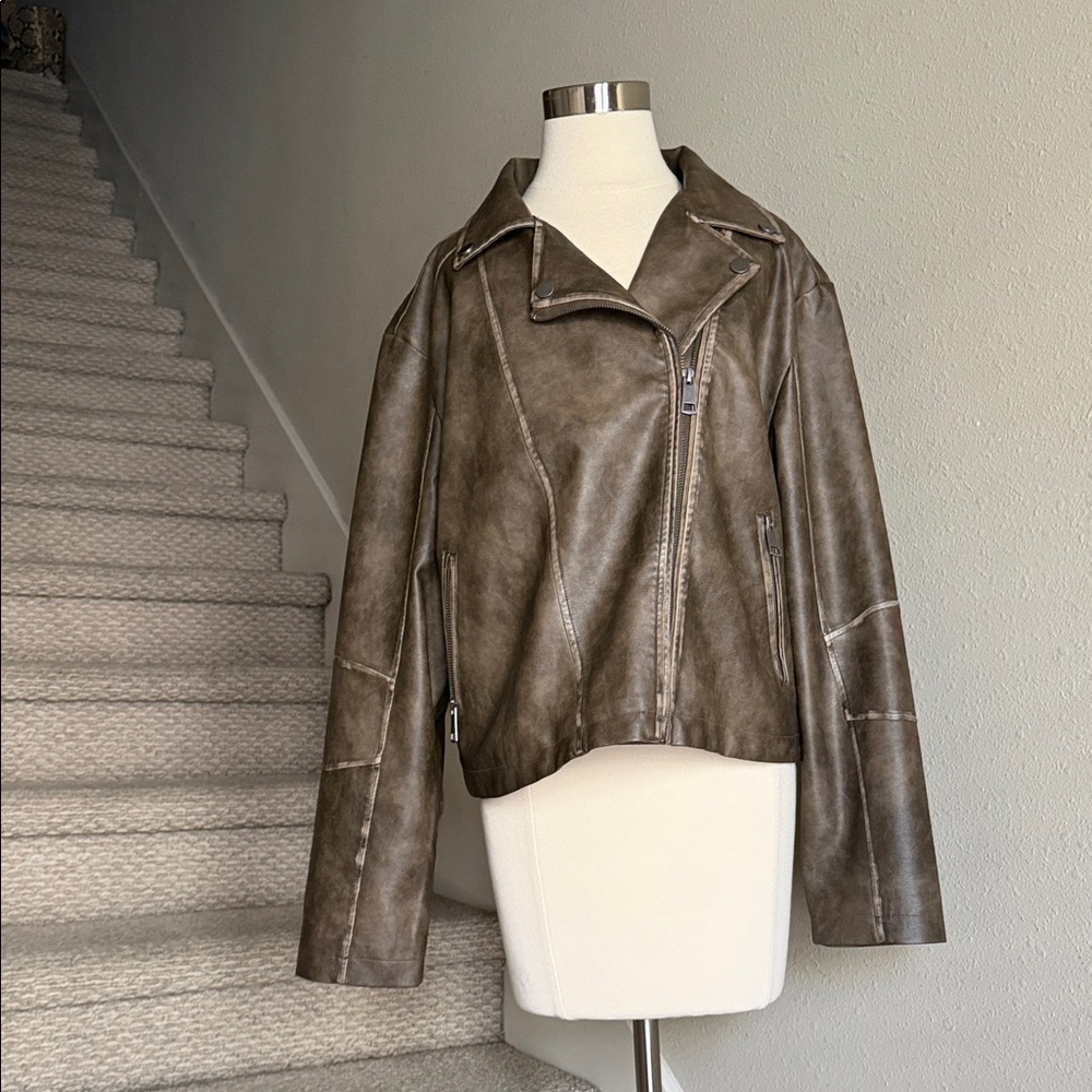 NWOT Indigo Thread Co Sz XL Brown Faux Leather Moto Jacket